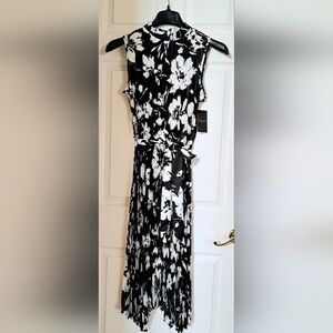 Tahari ASL Black and White Floral Pleated Midi Dress with Tie
